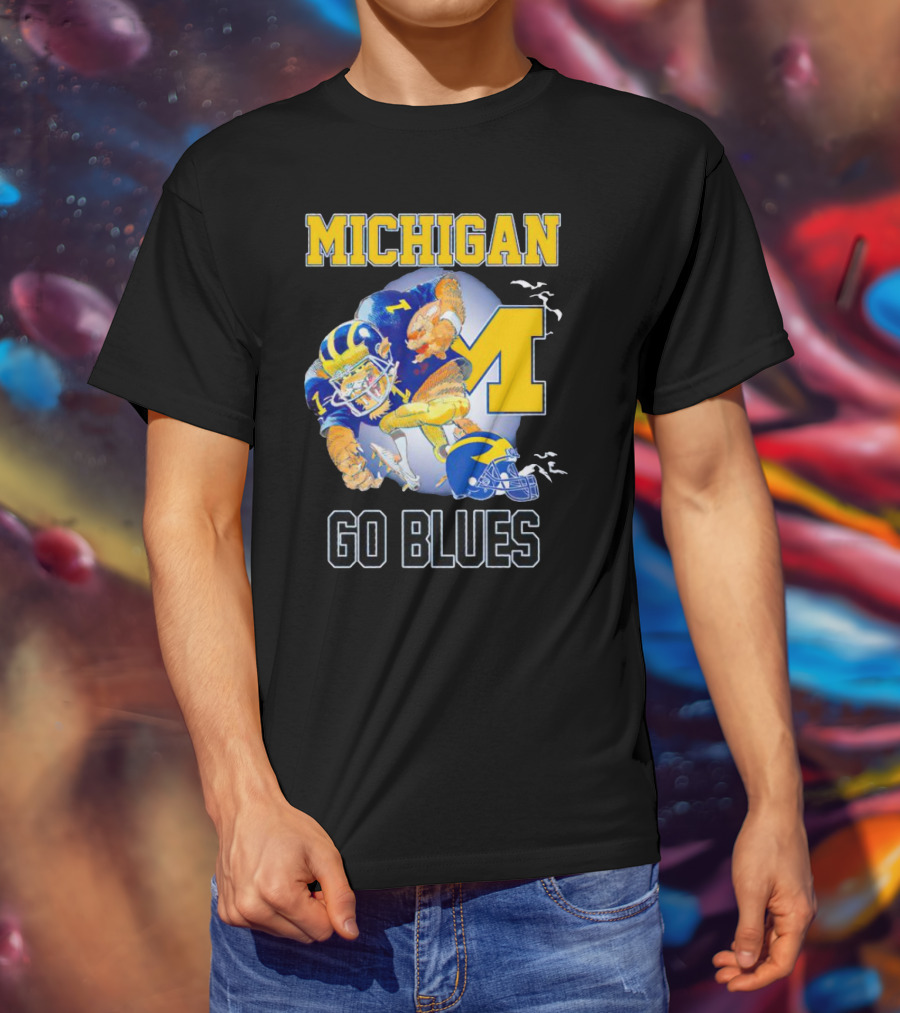 Michigan Wolverines Go Blues Football Player And Helmet T-Shirt