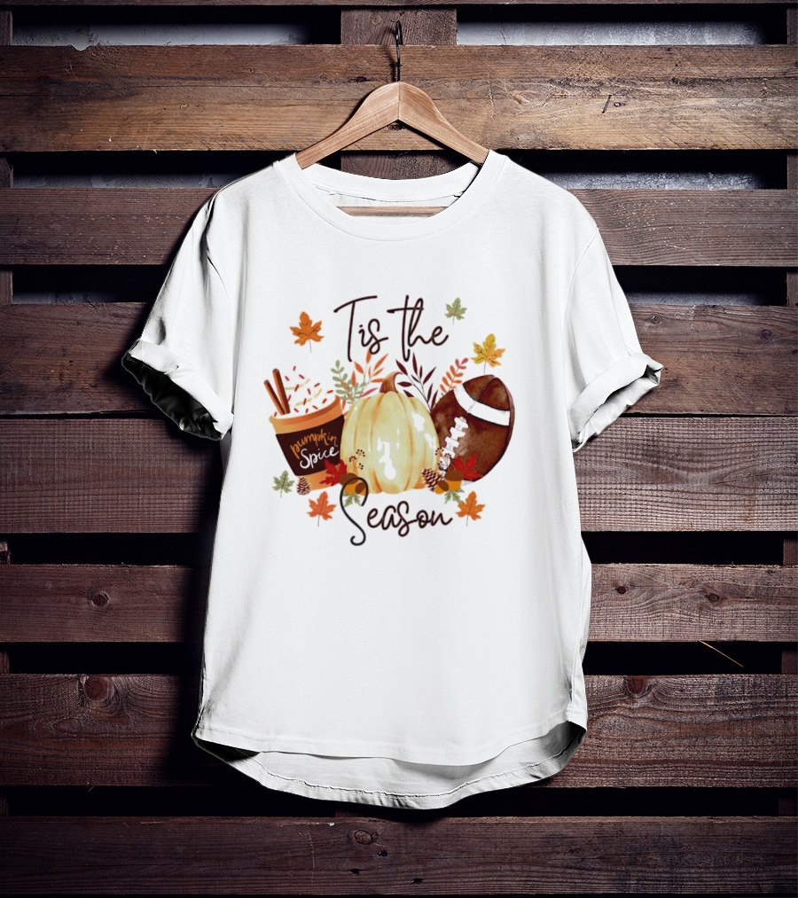 Tis The Season Pumpkin Spice Fall Leaves Football T-Shirt