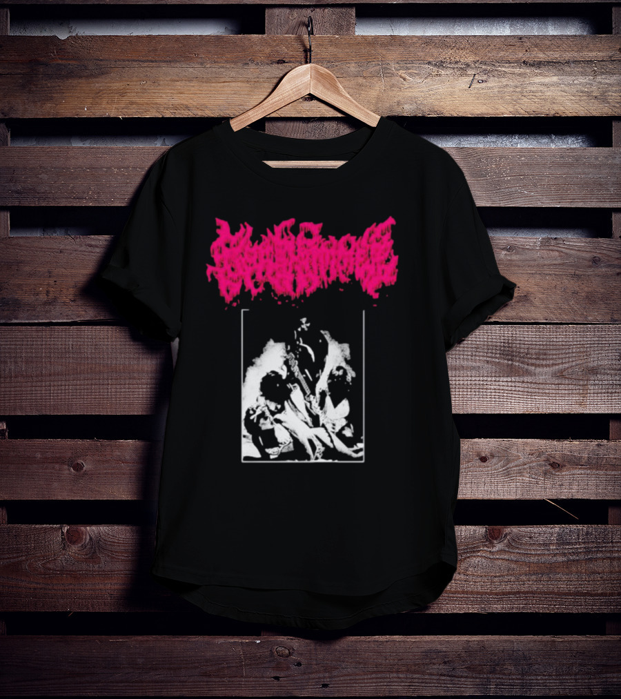 Gorehammer Graphic In Pink Gothic Font With Monochrome Horror Scene T-Shirt