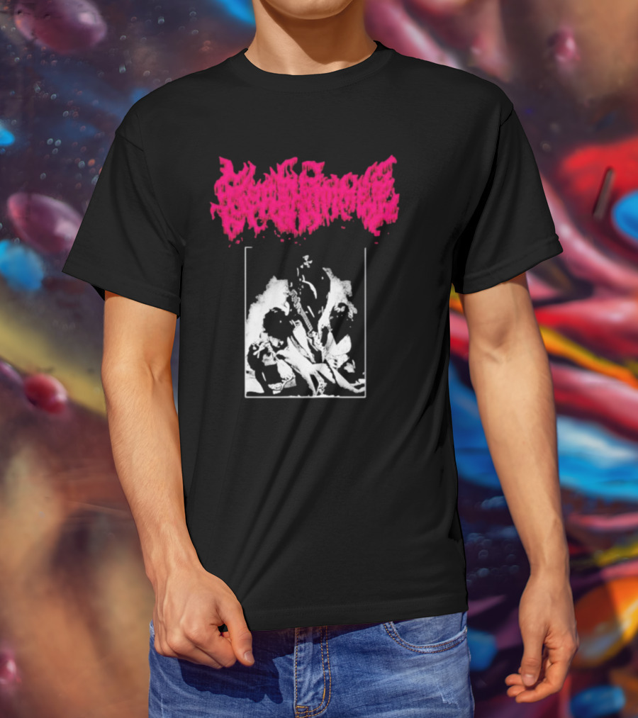 Gorehammer Graphic In Pink Gothic Font With Monochrome Horror Scene T-Shirt