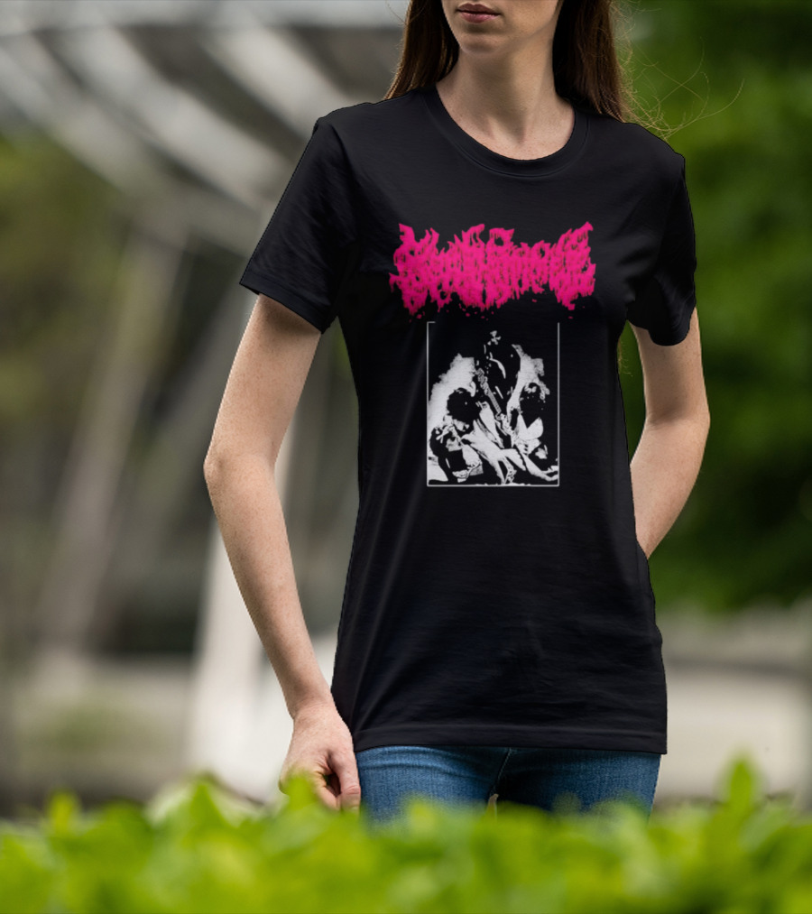 Gorehammer Graphic In Pink Gothic Font With Monochrome Horror Scene T-Shirt
