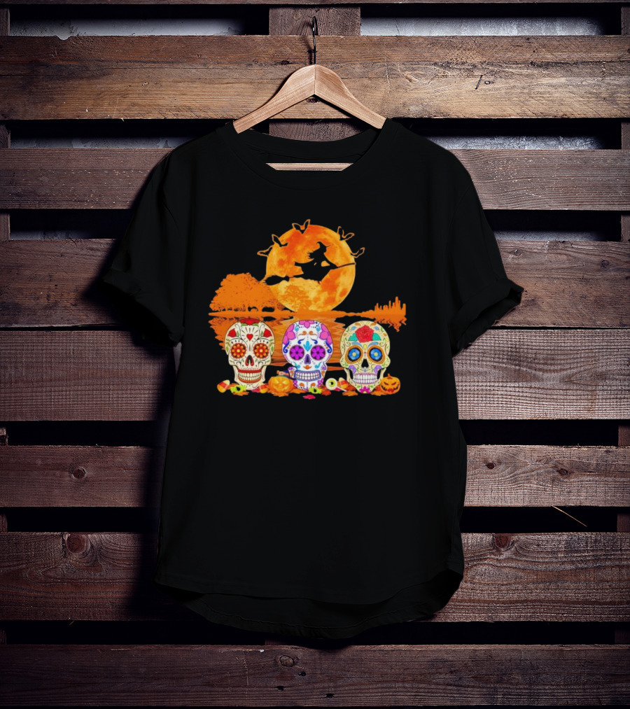 Halloween Witch Sugar Skulls Red Moon Scenic Night T-Shirt
