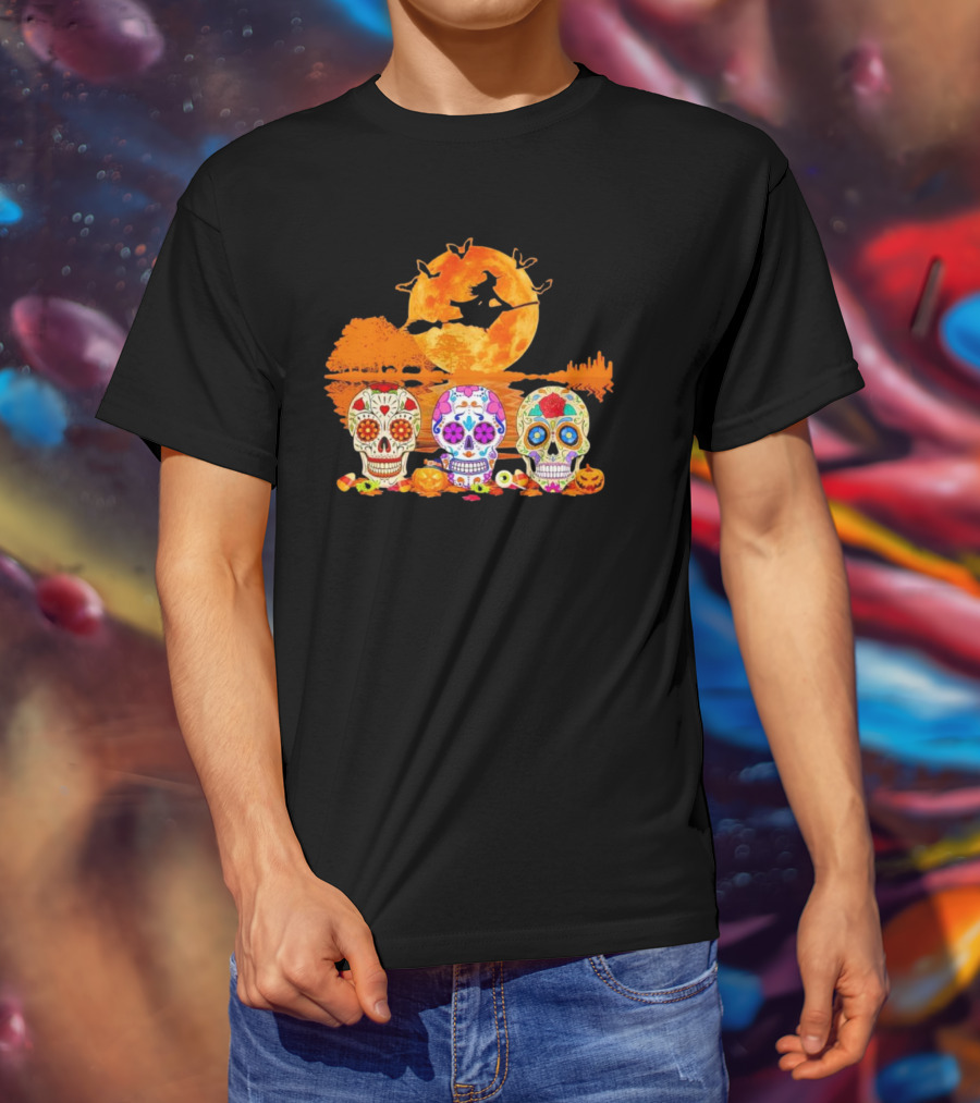Halloween Witch Sugar Skulls Red Moon Scenic Night T-Shirt