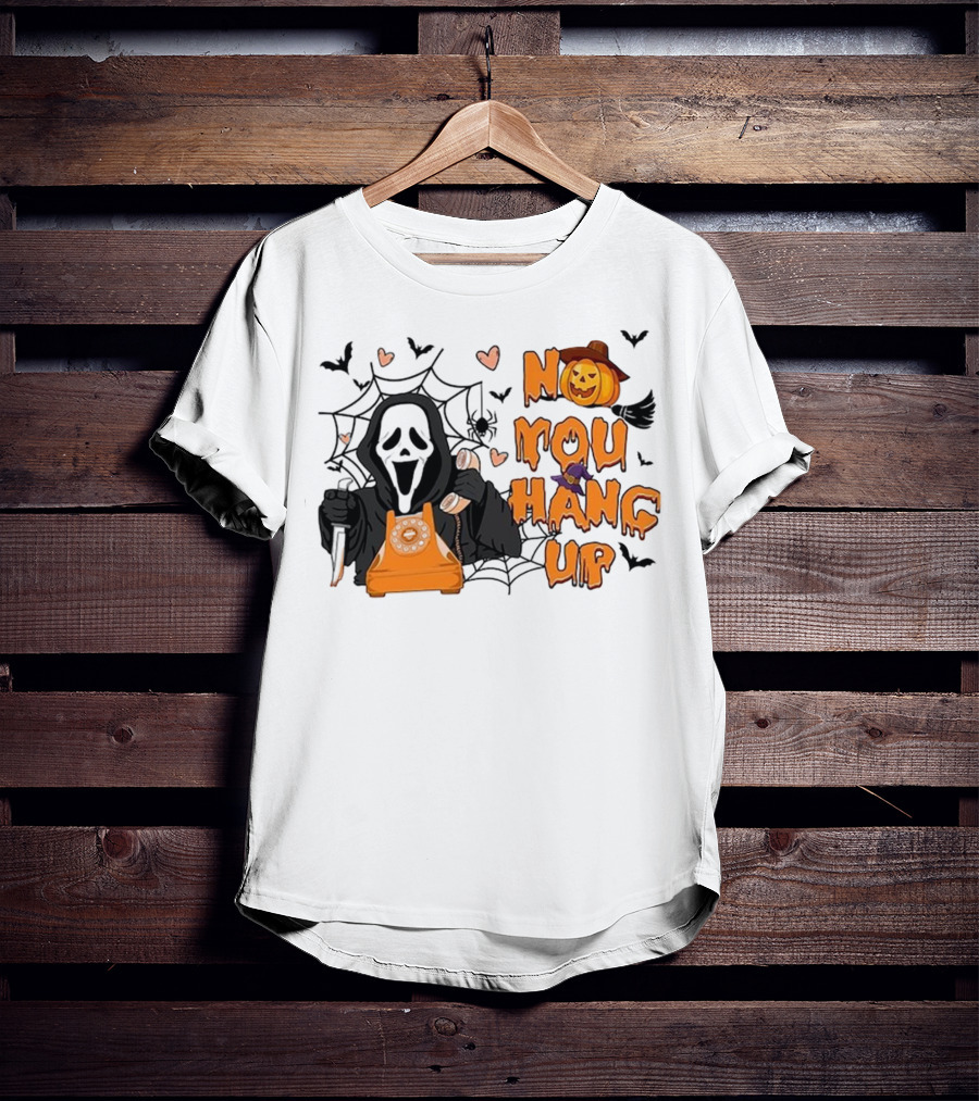 No You Hang Up Ghost With Pumpkin Phone Halloween Bats And Cobwebs T-Shirt