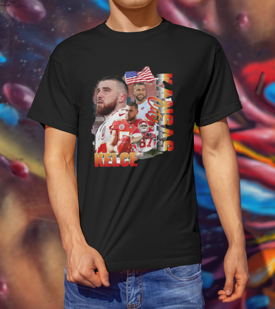 Kelce Kansas City Chiefs Collage With American Flag T-Shirt