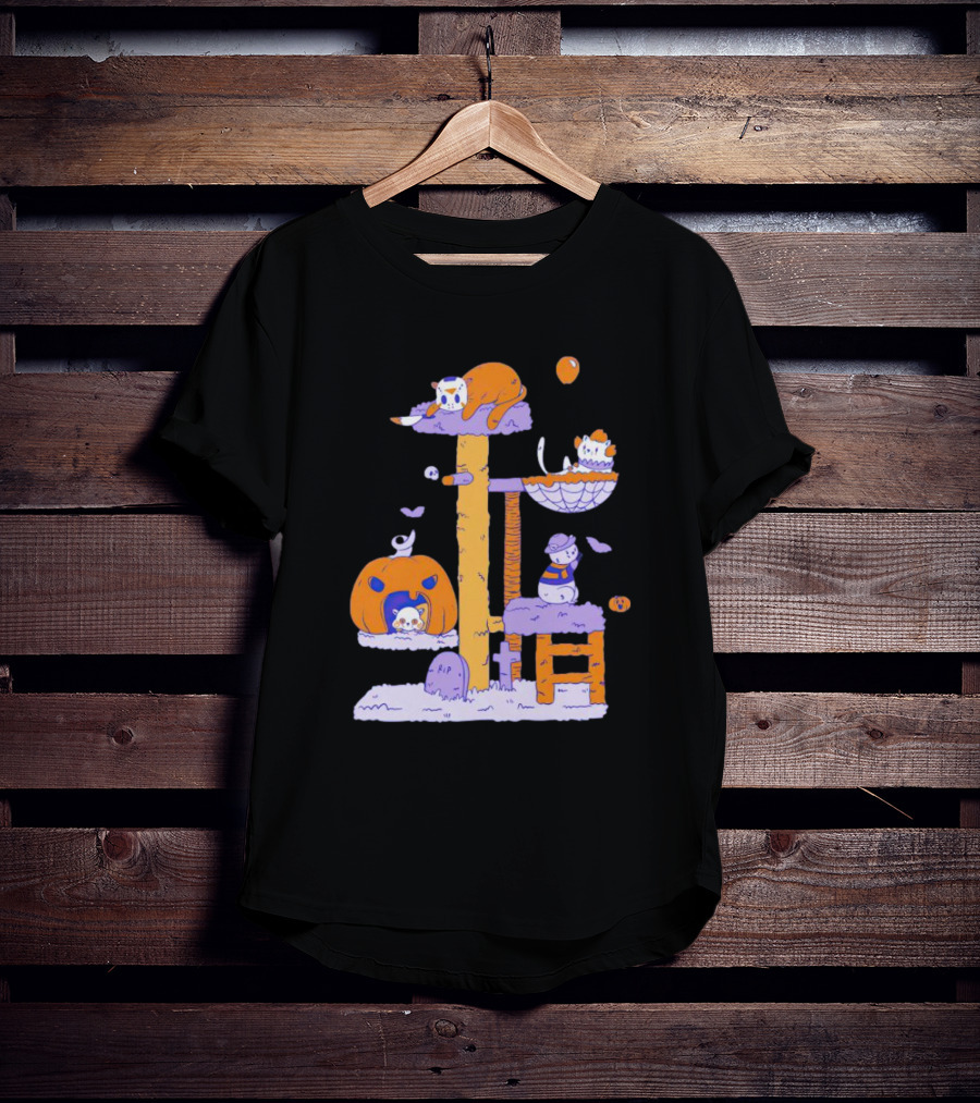 Cats In Halloween Horror Cosplay Playground With Pumpkins And Ghosts T-Shirt