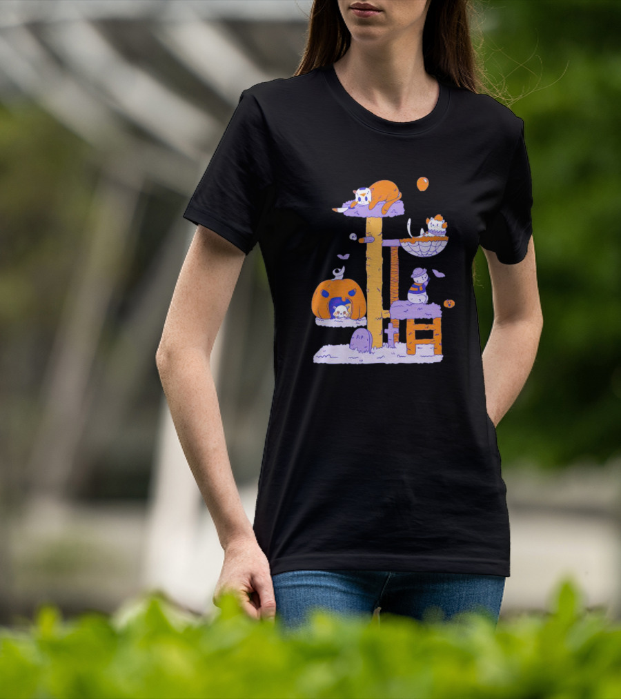 Cats In Halloween Horror Cosplay Playground With Pumpkins And Ghosts T-Shirt