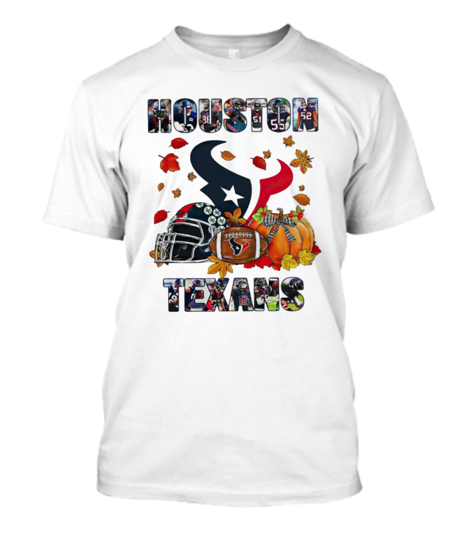 Houston Texans Football Helmet Pumpkin Autumn Leaves T-Shirt