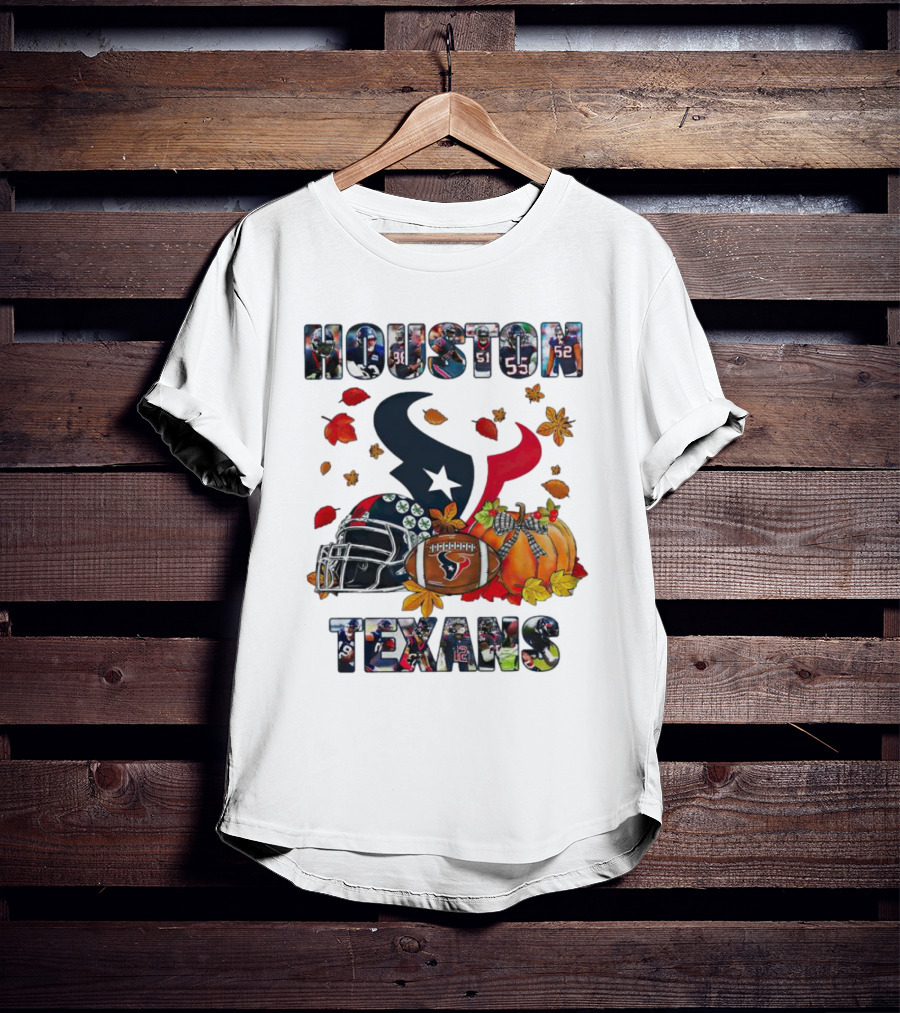 Houston Texans Football Helmet Pumpkin Autumn Leaves T-Shirt