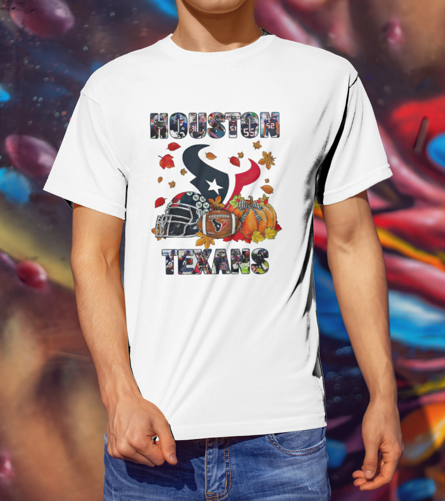 Houston Texans Football Helmet Pumpkin Autumn Leaves T-Shirt