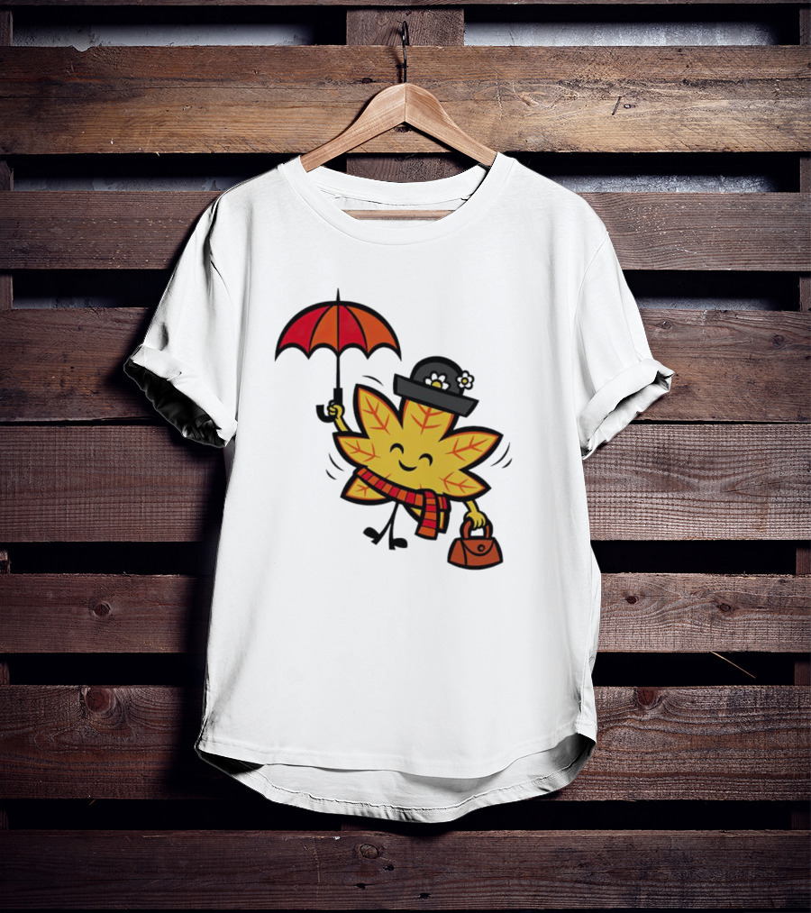 Mary Autumn Leaf With Umbrella And Bag T-Shirt