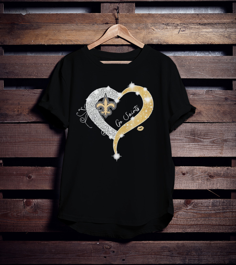 New Orleans Saints Go Saints Fleur-de-Lis Diamond Heart With Gold Sparkle T-Shirt