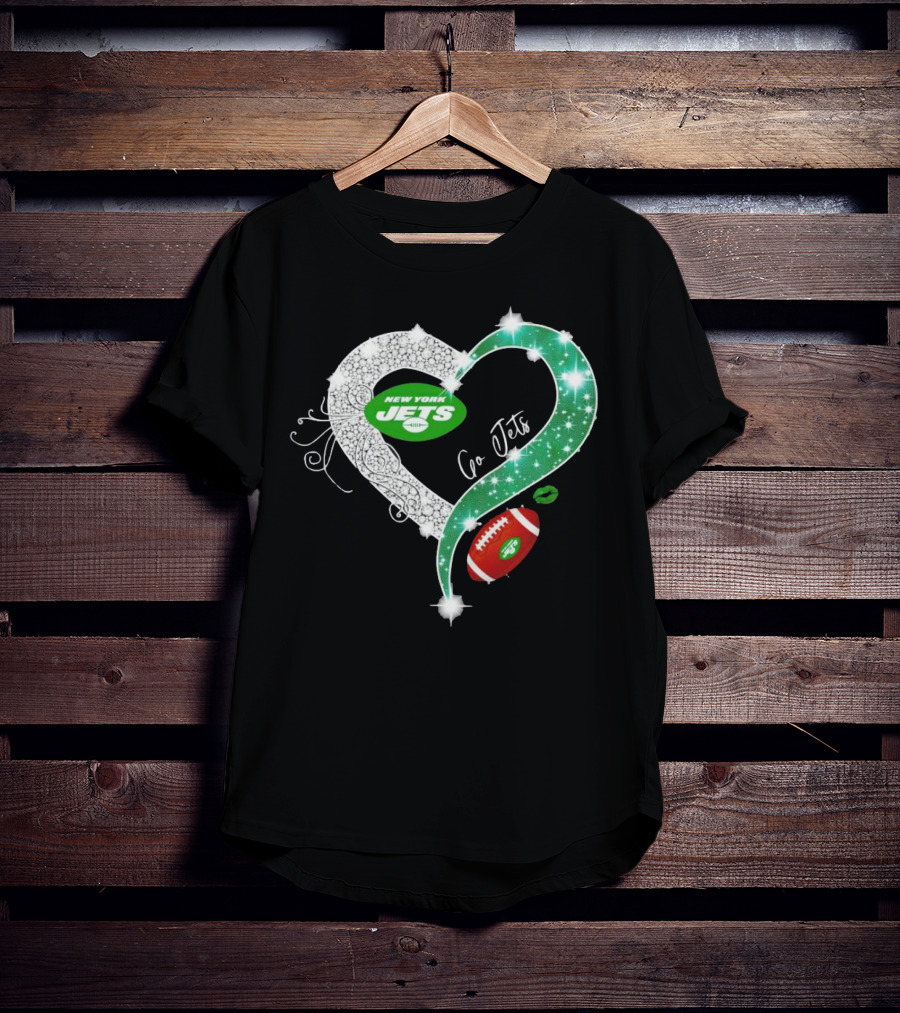 New York Jets Go Jets Diamond Heart Green Football Sparkle T-Shirt
