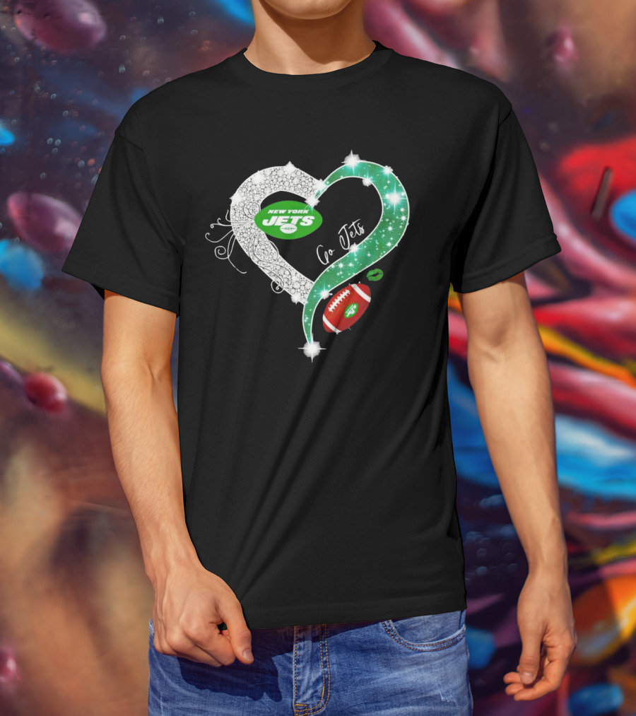 New York Jets Go Jets Diamond Heart Green Football Sparkle T-Shirt