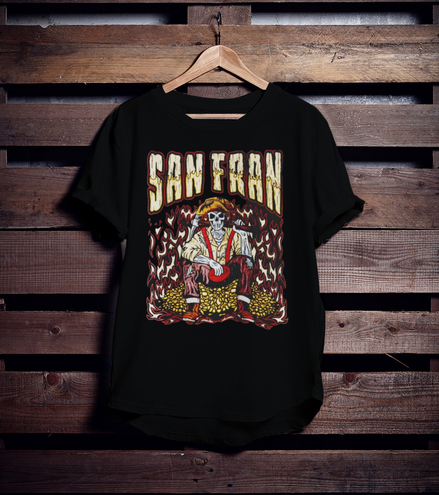 San Fran Skeleton Sitting Amidst Flames And Gold T-Shirt
