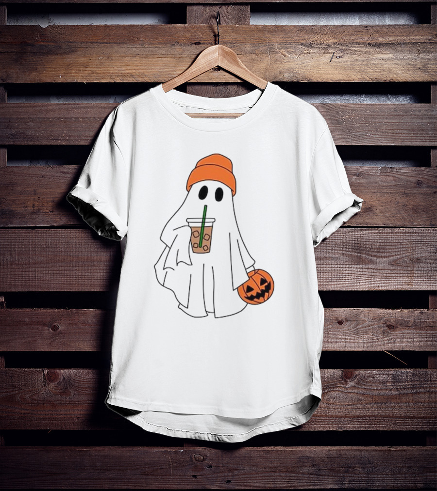 Cute Ghost Drinking Ice Coffee With Pumpkin Hat T-Shirt