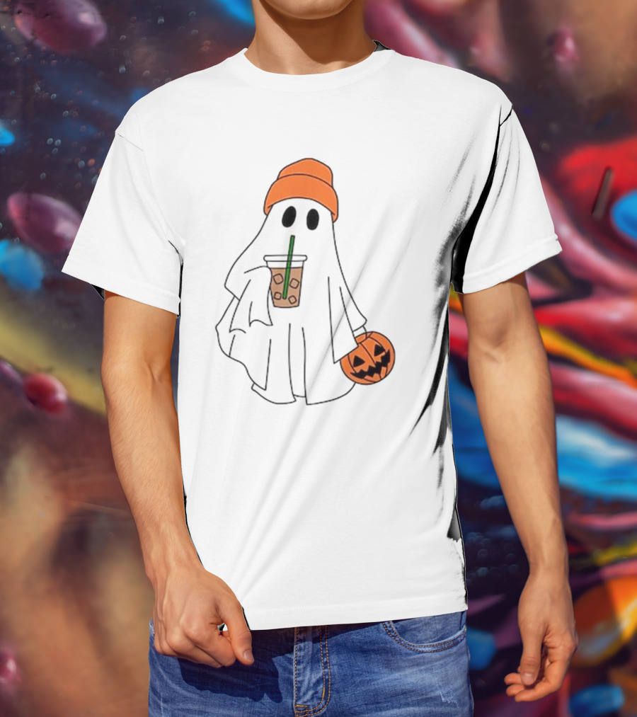 Cute Ghost Drinking Ice Coffee With Pumpkin Hat T-Shirt