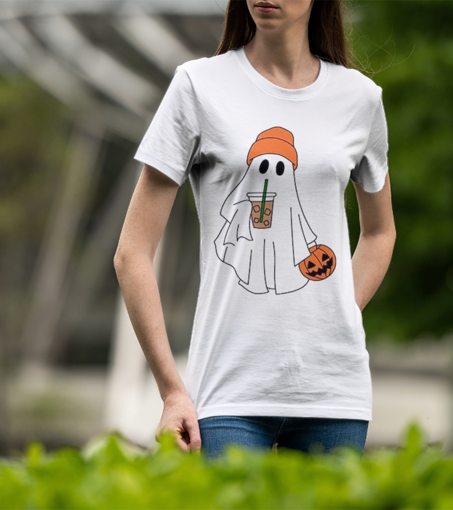 Cute Ghost Drinking Ice Coffee With Pumpkin Hat T-Shirt