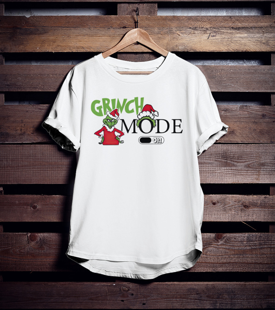 Grinch Mode On With Red Santa Hat And Grinch Drawing T-Shirt