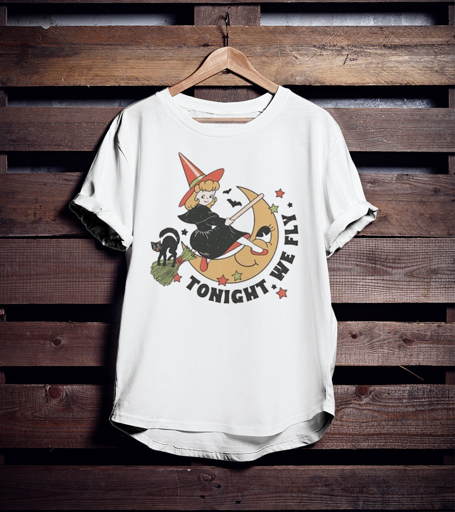 Tonight We Fly Witch On Moon Halloween Cat Stars T-Shirt