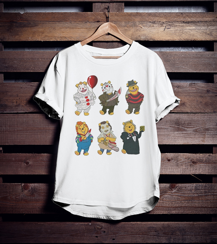 Pooh Bear Halloween Horror Characters Pennywise Jason Freddy Chucky Leatherface Pinhead T-Shirt