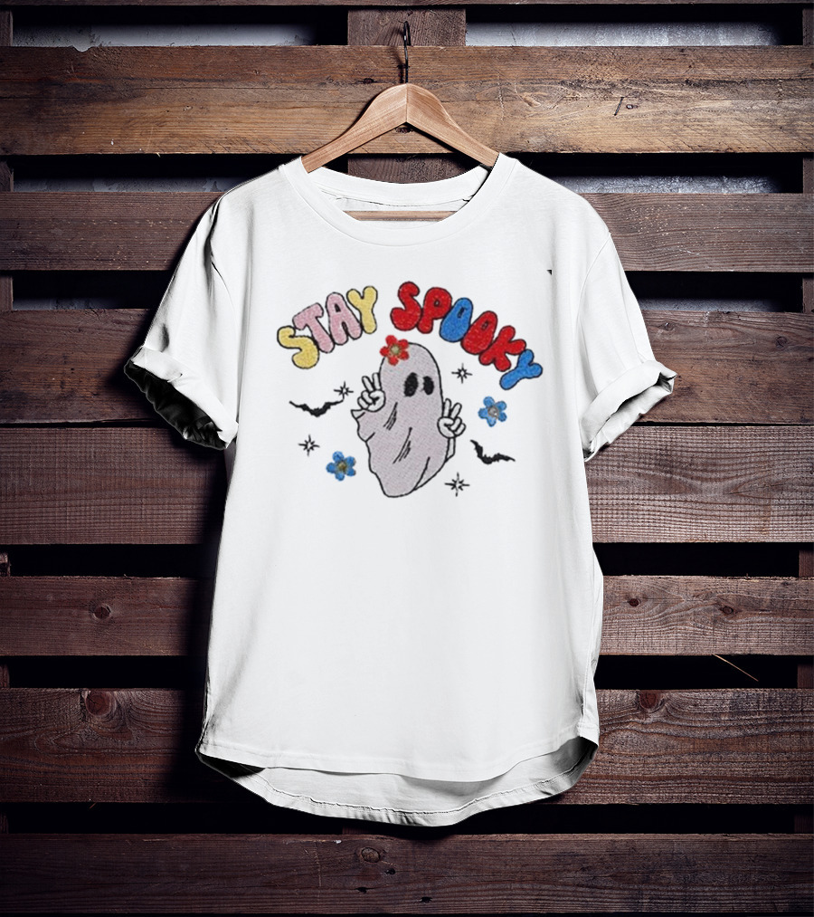 Stay Spooky Ghost With Flowers And Peace Signs T-Shirt