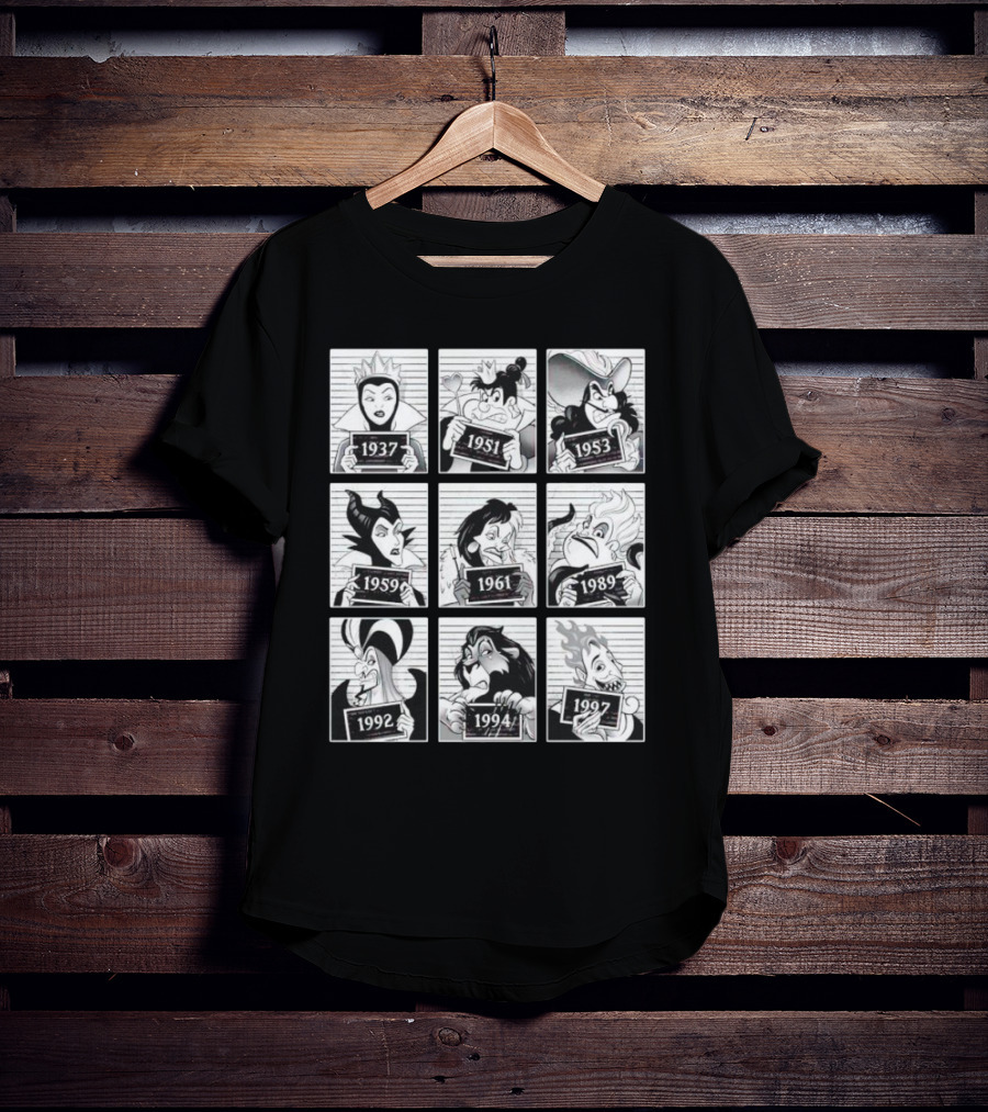 Walt Disney Cartoon Main Antagonists Year Lineup Mugshots 1937 To 1997 T-Shirt