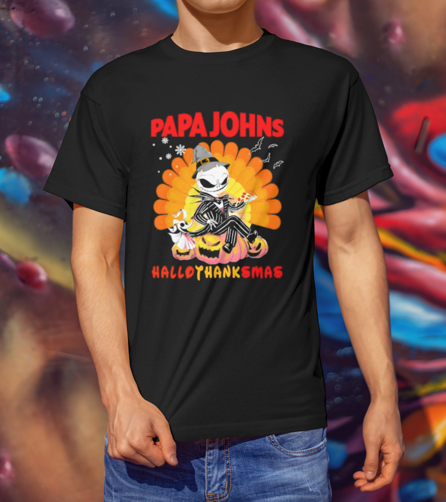 Papa Johns Jack Skellington Halloween HalloThanksMas Turkey Pizza T-Shirt