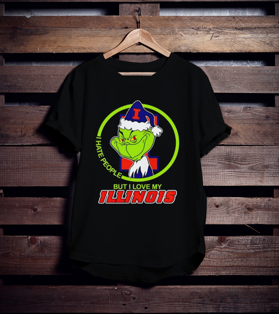Grinch I Hate People But I Love My Illinois Holiday Spirit T-Shirt