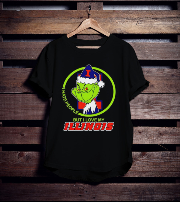Grinch I Hate People But I Love My Illinois Holiday Spirit T-Shirt