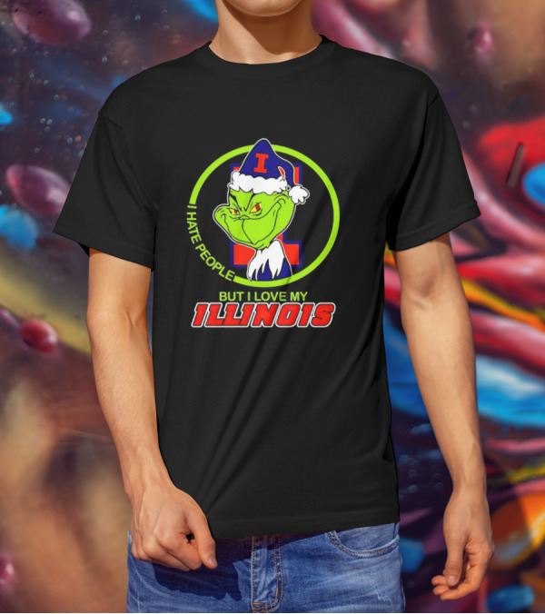 Grinch I Hate People But I Love My Illinois Holiday Spirit T-Shirt