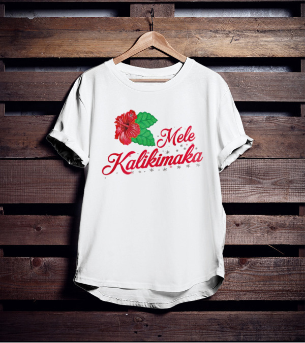 Mele Kalikimaka Red Hibiscus Flower With Green Leaves T-Shirt
