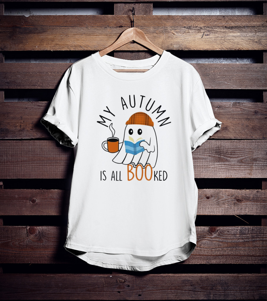 My Autumn Is All Booked Ghost Reading With Coffee And Plaid Hat T-Shirt