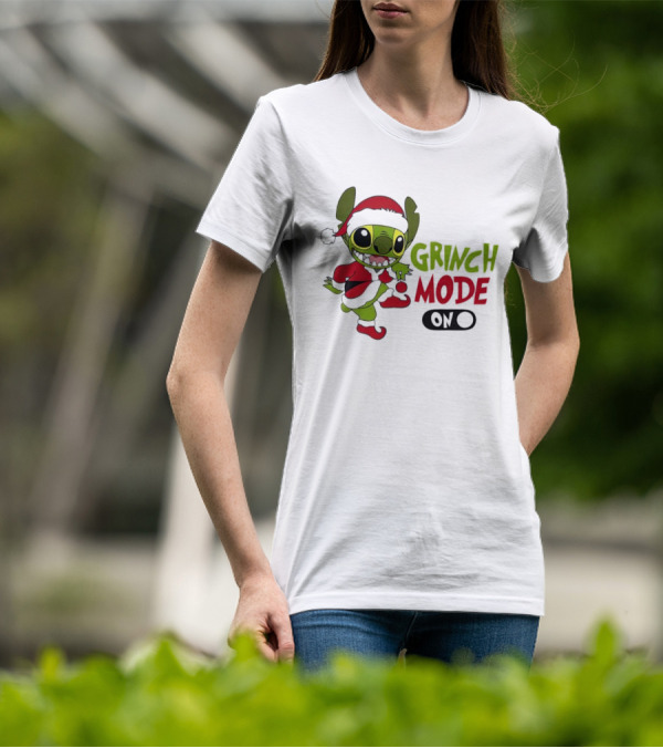 Stitch Grinch Mode On Christmas Santa Hat Festive T-Shirt