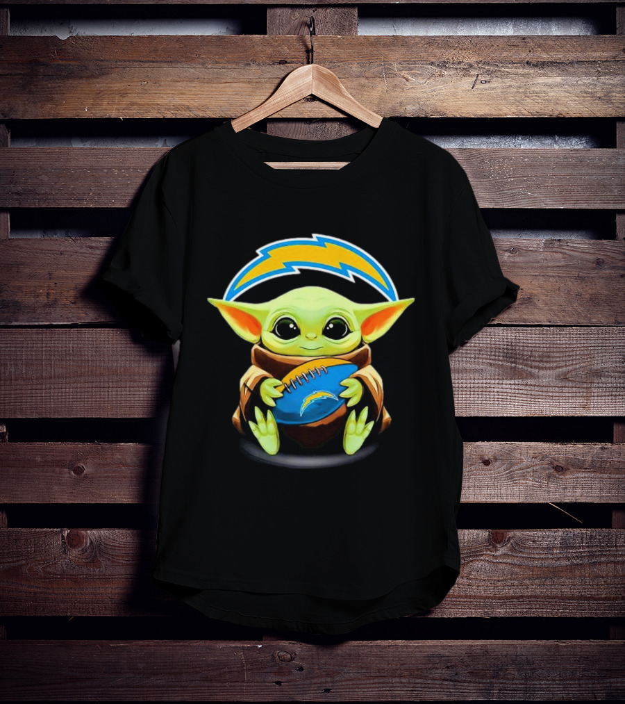 Baby Yoda Holding Los Angeles Chargers Football T-Shirt