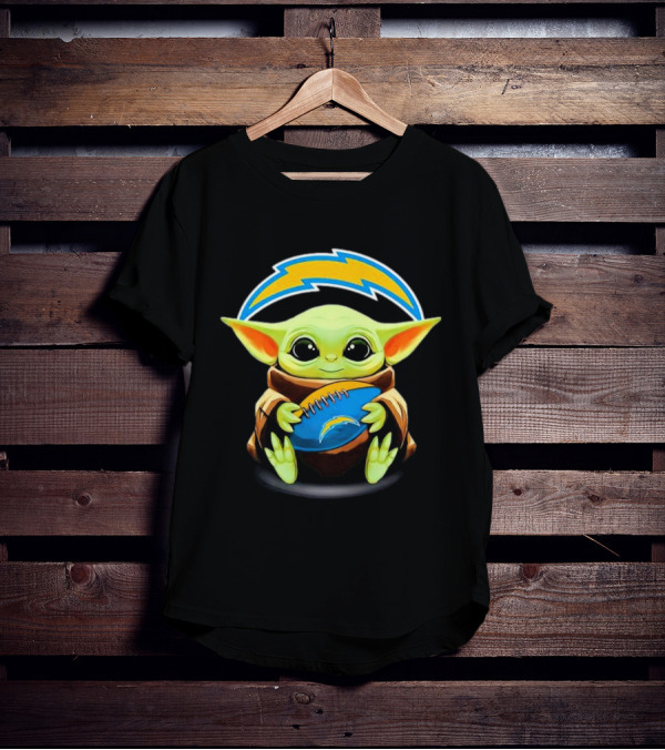 Baby Yoda Holding Los Angeles Chargers Football T-Shirt