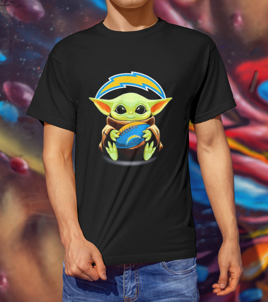 Baby Yoda Holding Los Angeles Chargers Football T-Shirt