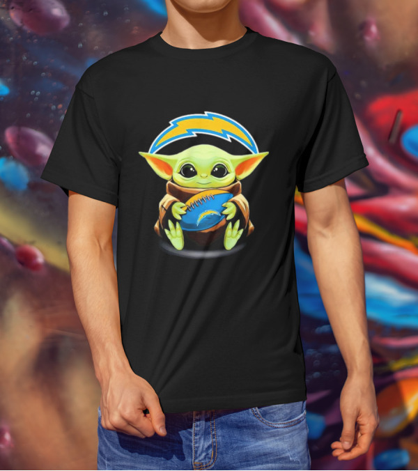 Baby Yoda Holding Los Angeles Chargers Football T-Shirt