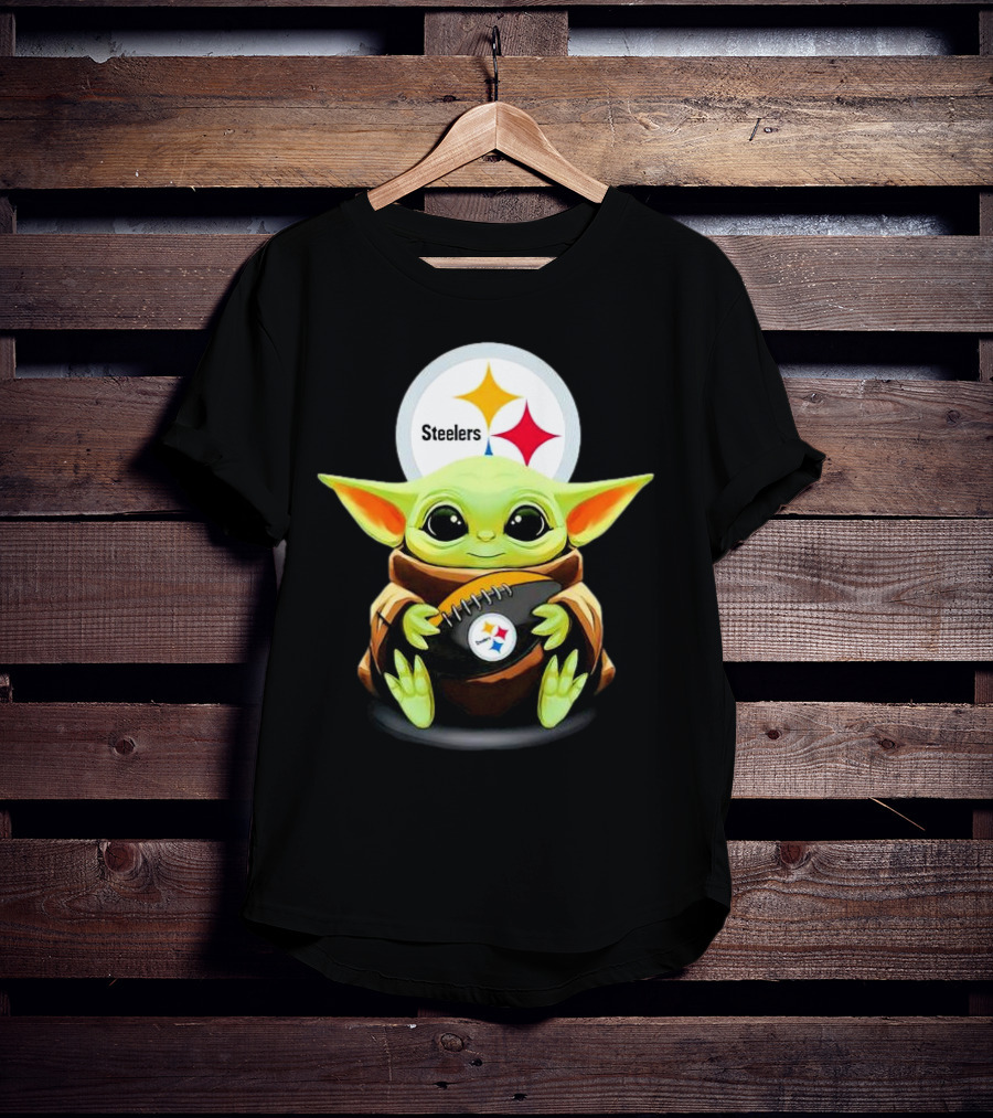 Baby Yoda Holding Pittsburgh Steelers Football T-Shirt