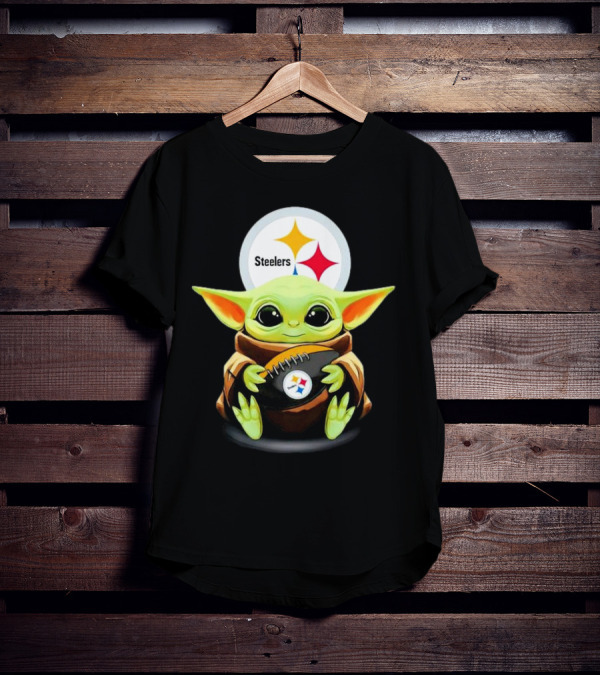 Baby Yoda Holding Pittsburgh Steelers Football T-Shirt