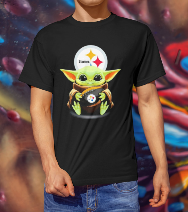 Baby Yoda Holding Pittsburgh Steelers Football T-Shirt