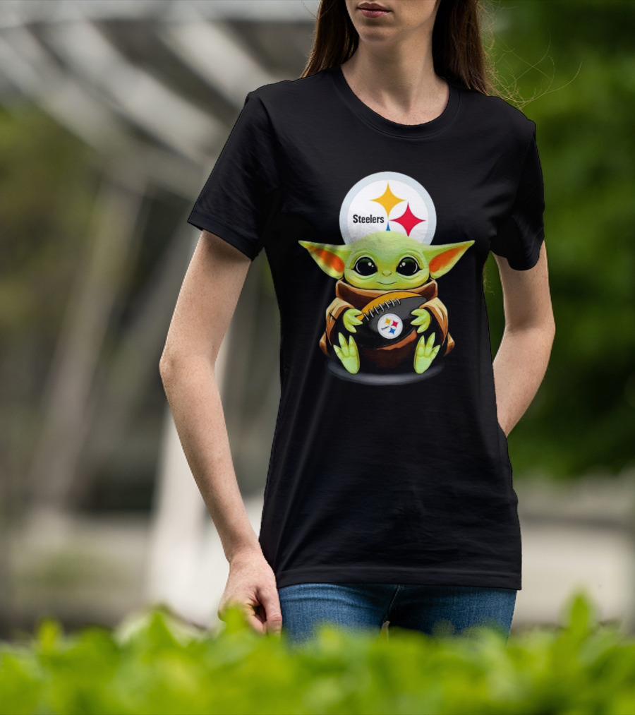 Baby Yoda Holding Pittsburgh Steelers Football T-Shirt