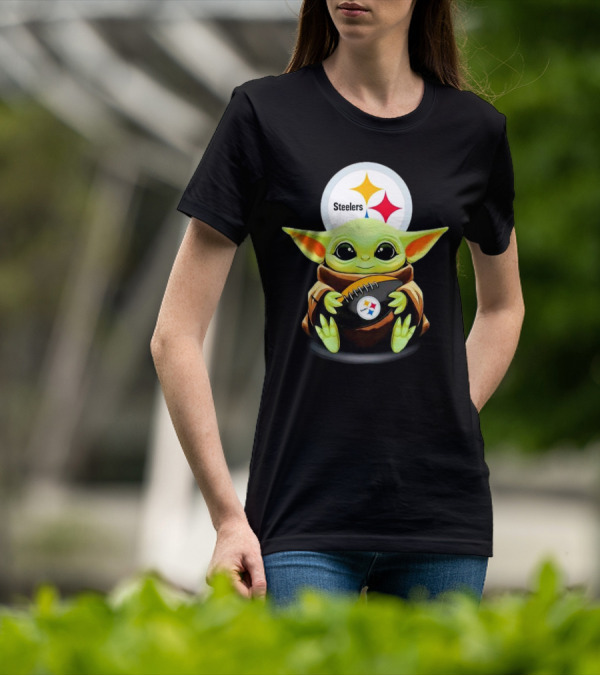 Baby Yoda Holding Pittsburgh Steelers Football T-Shirt