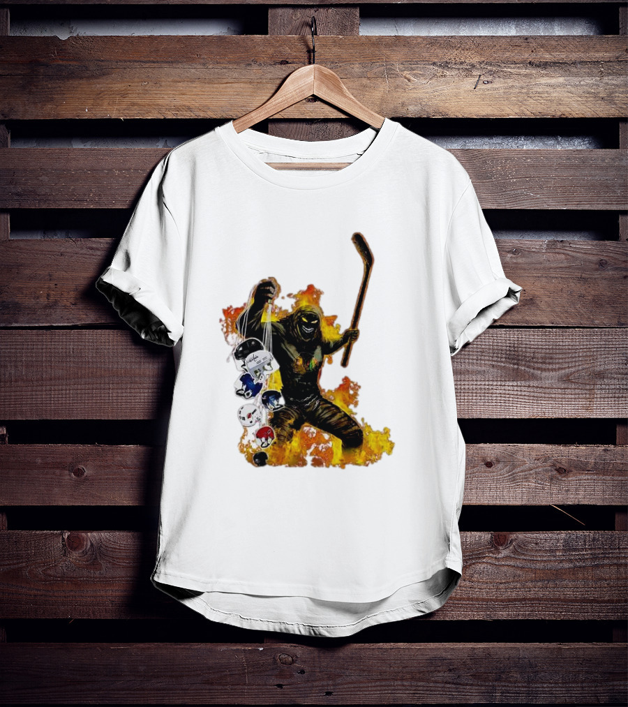 Evil Fire Hockey Player Holding Chicago Blackhawks And NHL Helmets T-Shirt