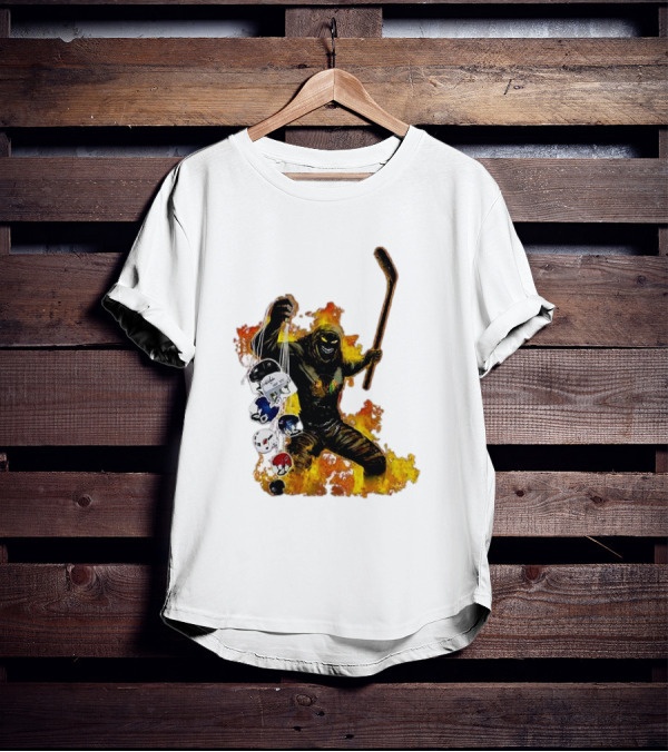Evil Fire Hockey Player Holding Chicago Blackhawks And NHL Helmets T-Shirt