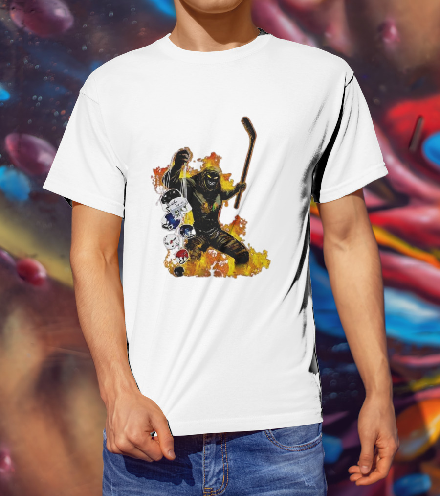 Evil Fire Hockey Player Holding Chicago Blackhawks And NHL Helmets T-Shirt