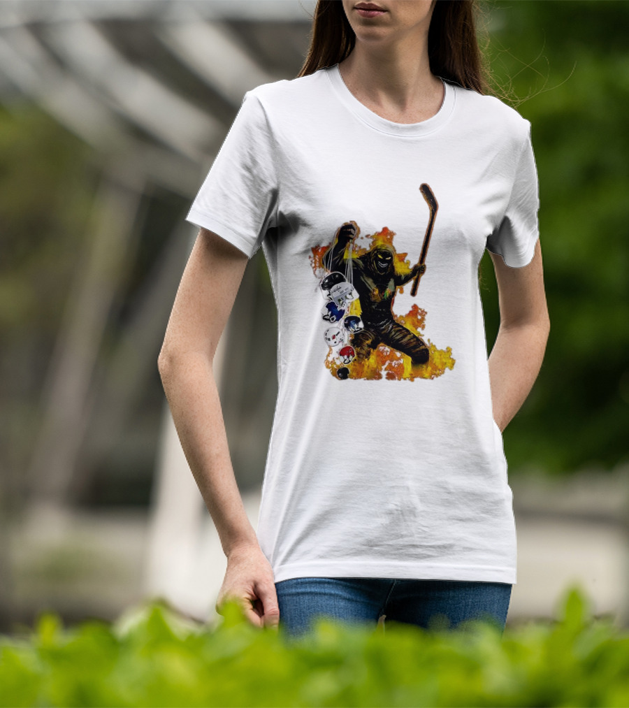 Evil Fire Hockey Player Holding Chicago Blackhawks And NHL Helmets T-Shirt