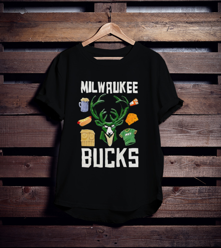 Milwaukee Bucks NBA Market Claymation Deer Cheese Hot Dog Beer T-Shirt