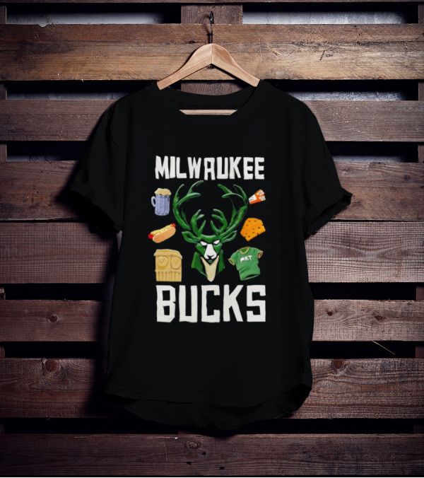 Milwaukee Bucks NBA Market Claymation Deer Cheese Hot Dog Beer T-Shirt