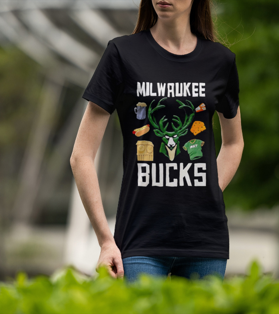 Milwaukee Bucks NBA Market Claymation Deer Cheese Hot Dog Beer T-Shirt